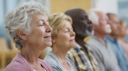 Obraz premium Seniors enjoying a moment of peace, eyes closed in relaxation, showcasing mindfulness, tranquility, and diverse community in a calm setting.