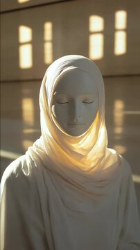 A woman is wearing a white scarf and standing in front of a window. The scarf is draped over her head and the sunlight is shining on it, creating a beautiful and serene atmosphere. Muslim woman in hij