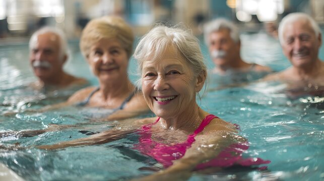 Group of smiling senior citizens enjoying water aerobics class, promoting fitness and social interaction in a bright and cheerful setting.