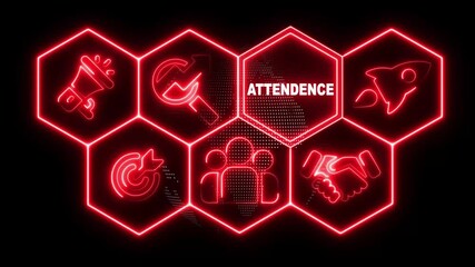 Neon line Attendance business concept display with hexagon shapes and sciencetic symbols on rotating world map icon. technology network background
