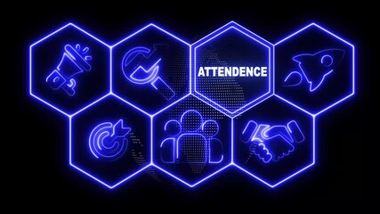 Neon line Attendance business concept display with hexagon shapes and sciencetic symbols on rotating world map icon. technology network background - Powered by Adobe