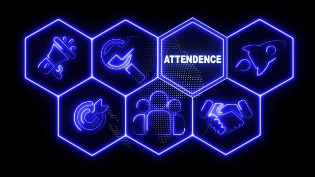 Neon line Attendance business concept display with hexagon shapes and sciencetic symbols on rotating world map icon. technology network background