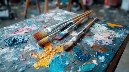 Fototapeta premium A collection of paintbrushes atop a colorful, paint-splattered surface captures the creative mess of an artist's workspace, embodying the essence of artistic expression.