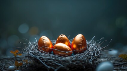 A small bird's nest with three orange foil eggs.