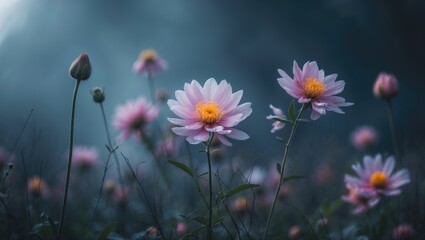 Fototapeta premium A Flower Photo From Nature featuring pink flowers with yellow centers in a natural setting.