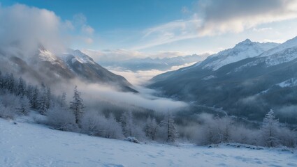 Obraz premium Alpine winter panorama with a misty valley and clouds
