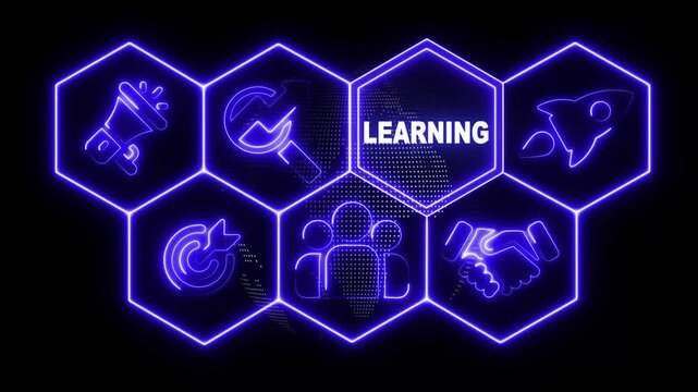 Businessman pressing a Learning concept button on  roatating world map icon. holographic advanced HUD circle platform. Abstract Business, Technology and network concept. 