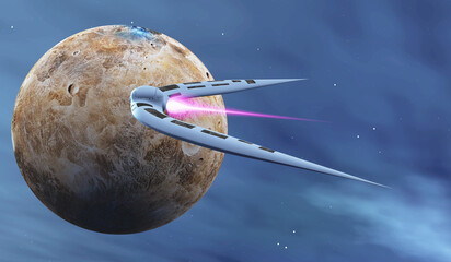 Spaceship flies near Ceres Planet - A spacecraft from Earth flies near Ceres dwarf planet in the asteroid belt.