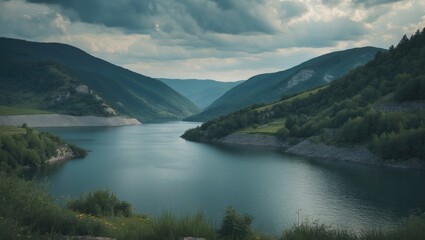 Obraz premium Amazing summer view of reservoir with empty space for text