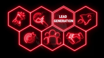Glowing neon linE Lead Generation business concepton rotating world map icon with alpha channel. Technology and network concept. Animated Dynamic wave of color particles. Digital technology background - Powered by Adobe
