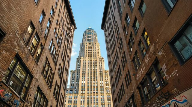 Tall Building Viewed Through a Narrow Urban Alleyway