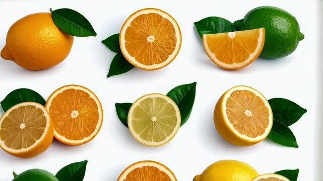 Assortment of citrus fruits including oranges, lemons, and limes arranged on a white surface with green leaves