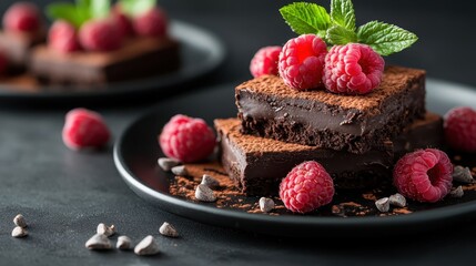 This alluring image features a stack of decadent chocolate brownies topped with fresh raspberries and mint, promising a delightful dessert experience for chocolate lovers everywhere.