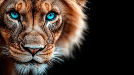 Fototapeta premium The captivating close-up portrait of a majestic lion with striking blue eyes evokes a sense of awe and reverence for wildlife, highlighting nature's beauty and power.