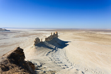 Stunning Mangystau landscape, Kazakhstan. Ak Orpa pinnacles aerial view, Bozzhira valley