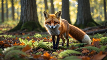 Mystical Fox in Autumnal Forest: A vibrant red fox with alert eyes stands poised amidst the enchanting hues of an autumnal forest, as if sharing secrets only nature understands.