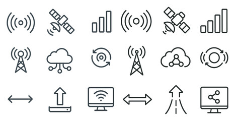 Collection of icons for various technology devices and services. The icons include a satellite, a computer monitor, a keyboard, a mouse, a cell phone, and a Wi-Fi router. Scene is one of technology