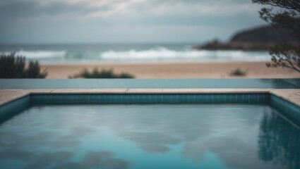 Abstract Blur Outdoor Swimming Pool With Beach And Sea For Background