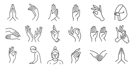 Set of hand icons, including the peace sign, are shown in a row. The icons are all in black and white, and they are arranged in a grid