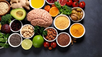 Overhead shot of diverse healthy food selection including brain model for cognitive function and well being promotion concept, food groups in bowls.