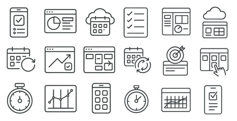 Collection of icons for various apps and websites. The icons include a clock, a calendar, a check mark, and a pointer