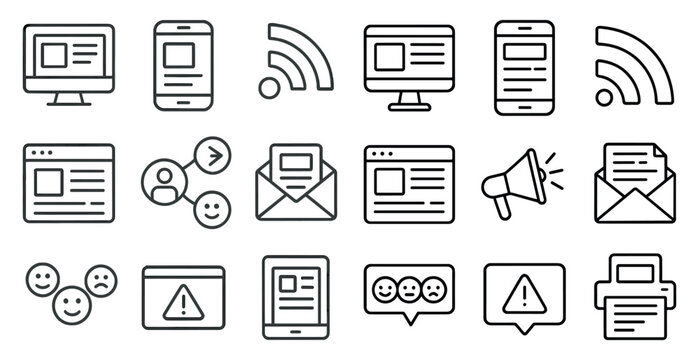 Set of icons for various electronic devices and communication tools. The icons include a computer monitor, a cell phone, a printer, a keyboard, a mouse, a speaker, a microphone, a camera, a keyboard