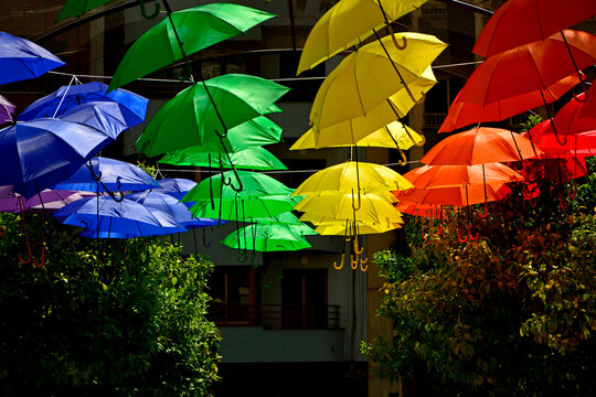 kolorowe parasole wiszące w mieście podczas parady r&oacute;wności, symbol LGBT, Colorful decorative umbrellas, rainbow umbrellas hanging around the city during the pride parade, lgbt umbrellas
