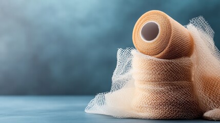 A roll of soft peach-colored mesh netting fabric artfully arranged, showcasing its delicate texture and versatility for creative projects in fashion and home decor.