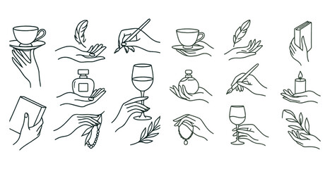 Set of stylized hand drawings with various objects such as a cup, wine glass, book, and candle