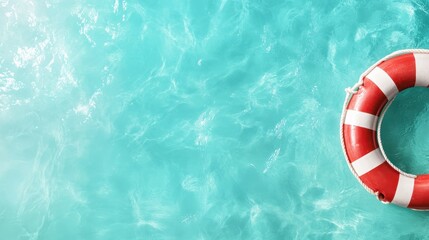 A vibrant life buoy floats serenely in crystal clear turquoise water, symbolizing safety and tranquility, evoking feelings of summer and relaxation by the poolside.