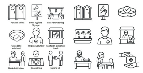 Series of icons depicting various aspects of hygiene and cleanliness. The icons include a hand washing sign, a portable toilet sign, a hand sanitizer sign, and a person wearing a bracelet