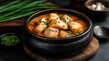 A mouthwatering image of fish simmered in a rich, spicy broth, garnished with fresh herbs, showcasing culinary delight and the art of cooking at its finest.
