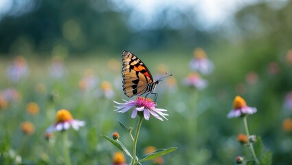 Blurred image, butterfly perched on wild flower amidst green nature background.