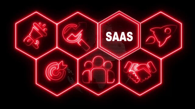 Glowing neon line SaaS concept button on a futuristic computer screen on abstract technology background with rotating world map icon, - Powered by Adobe