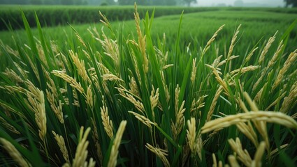 Fototapeta premium The grains of paddy in the green fields. Rice is a source of complex carbohydrates. Rice is a staple food.
