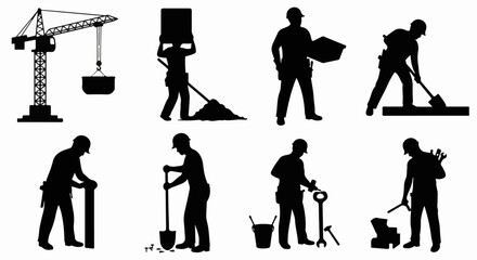 Obraz premium Silhouette illustrations depicting construction workers and heavy machinery at a construction site.