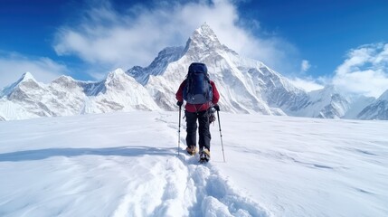 A lone hiker treks through a breathtaking snowy landscape while scaling a majestic mountain, capturing the thrill of adventure and the beauty of nature's wonders.