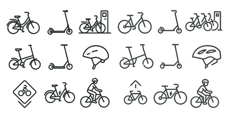 Series of bicycles and scooters are shown in a line. The bicycles are of various sizes and styles, including a tricycle and a bicycle with a helmet. The scooters are also of different sizes