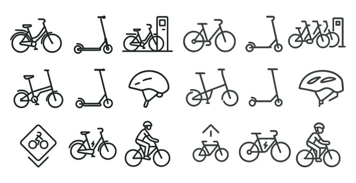 Series of bicycles and scooters are shown in a line. The bicycles are of various sizes and styles, including a tricycle and a bicycle with a helmet. The scooters are also of different sizes