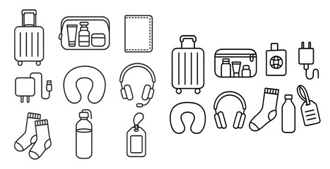 Set of travel items including a bottle of water, a bottle of lotion, a bottle of shampoo, a bottle of conditioner, a bottle of perfume, a bottle of sunscreen, a bottle of hand sanitizer, a bottle of