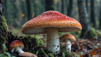Obraz premium Amanita muscaria - Poisonous mushroom with a red hat in white speckles. Fly agaric. Mushroom season in the forest