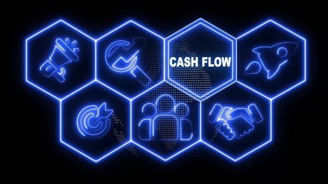 Neon sign Cash Flow concept button on a futuristic computer screen. abstract technology background with rotating world map icon - Powered by Adobe