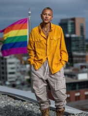 Confident person standing outdoors on rooftop with rainbow pride flag in cityscape background during daytime