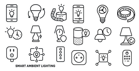 Collection of smart home lighting icons. The icons include a phone, a remote, a lamp, a clock, and a light switch