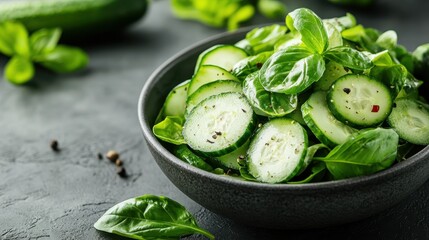 Obraz premium A delicious cucumber salad garnished with fresh basil leaves sits in a dark bowl, showcasing vibrant green colors for a healthy and visually appealing meal option.