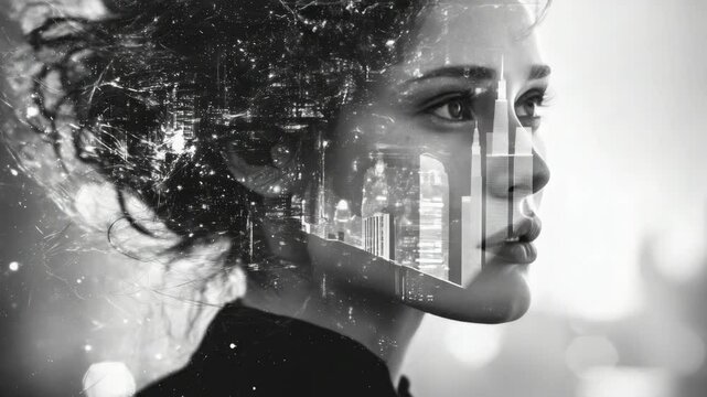 Woman&rsquo;s face in profile merged with glowing urban cityscape, black and white surreal style on blurred background, concept of inner world