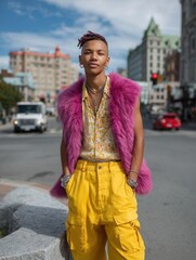 Fashionably dressed woman in colorful streetwear with cityscape background on a sunny day