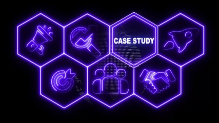 Glowing neon line Case Study business concept from a display of white hexagon shapes and symbols with a blue tint. abstract technology background with rotating world map icon - Powered by Adobe
