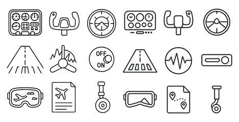 Set of icons for a plane cockpit. The icons include a joystick, a wheel, a button, and a paper © Galina