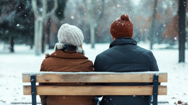 A couple sits closely on a wooden bench covered in snow, sharing a warm and intimate moment as snowflakes gently fall around them in a tranquil winter park scenery.